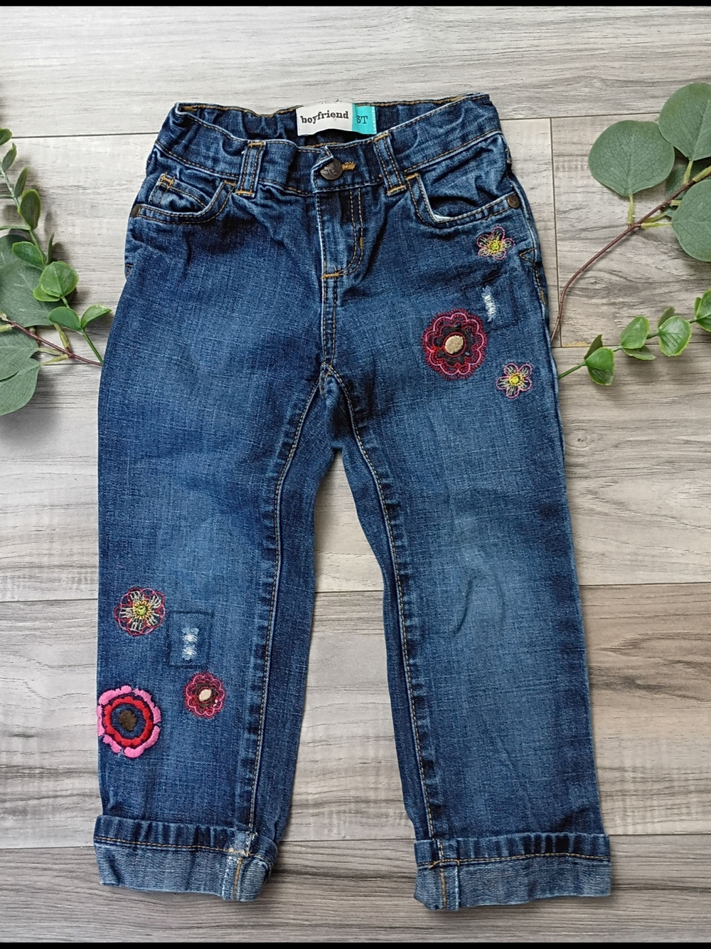 Old Navy Dark Blue Embroidered Floral Kids Jeans